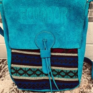 Vintage Teal/Blue Crossbody Suede Purse In Colorful BOHO Hippie Pattern
